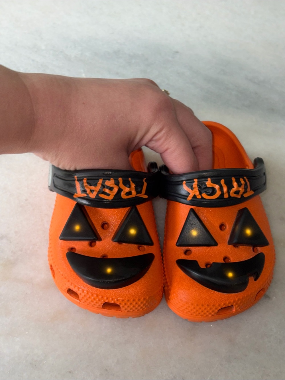 CROCS Kids Orange Glow Pumpkin Clog Sandals with Black 'TRICK' Strap